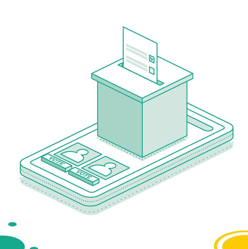 Isometric online voting and election concept using the smartphone. Smartphone with vote on screen. People vote online using mobile app to choose their candidate. vector