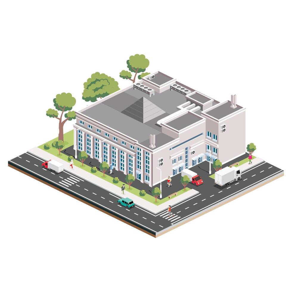 Isometric shopping mall. Infographic element. Supermarket building. People, trucks and trees with green leaves isolated on white background. vector