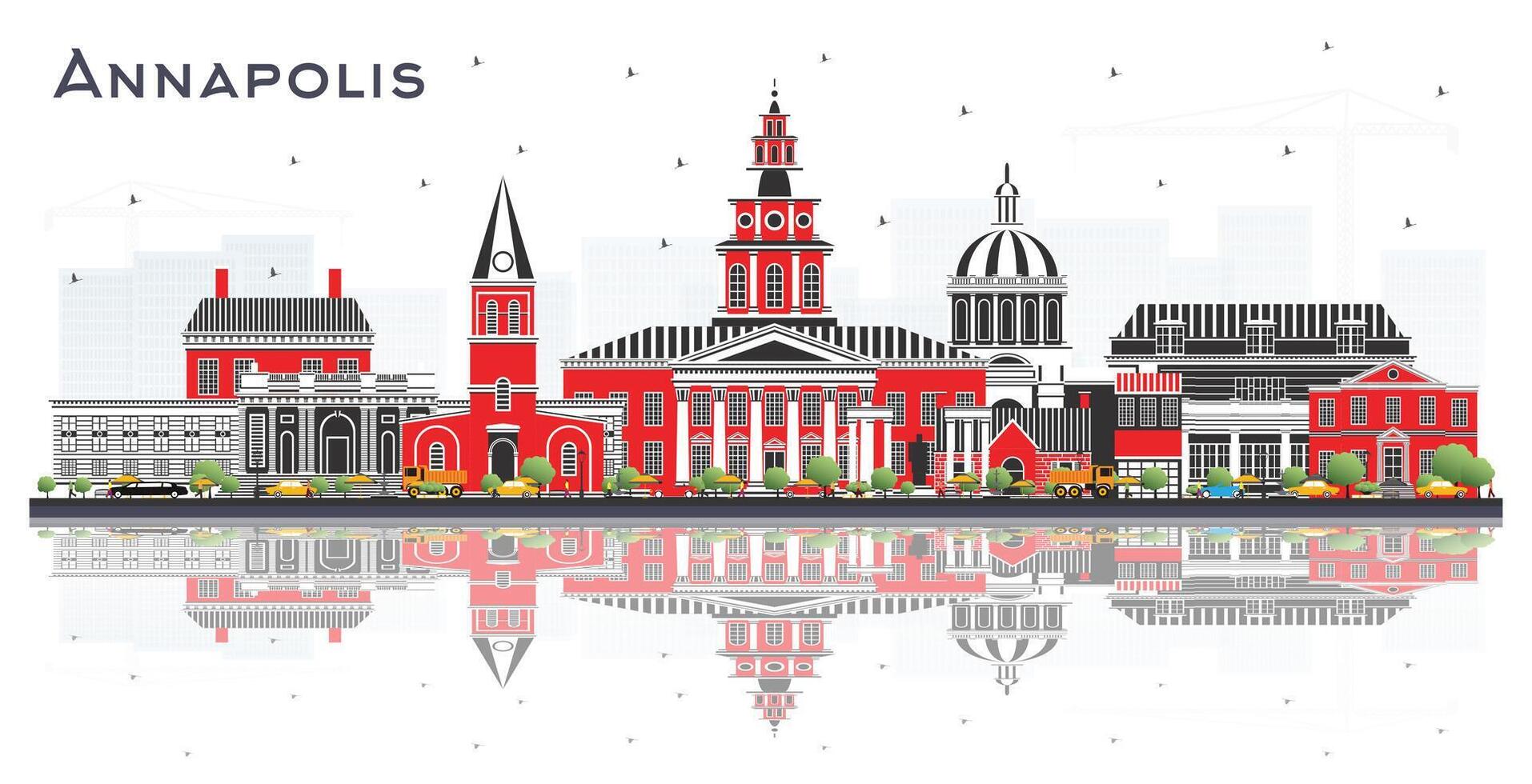Annapolis Maryland City Skyline with Color Buildings and reflections Isolated on White. Tourism Concept with Historic Architecture. Annapolis USA Cityscape with Landmarks. vector