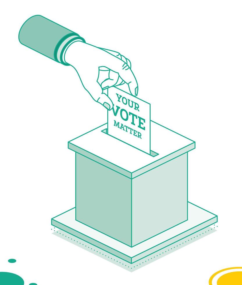 votación concepto. mano pone votar boletín dentro votar caja. isométrica elección concepto con votación caja. el votación tiene el mensaje tu votar asuntos. vector