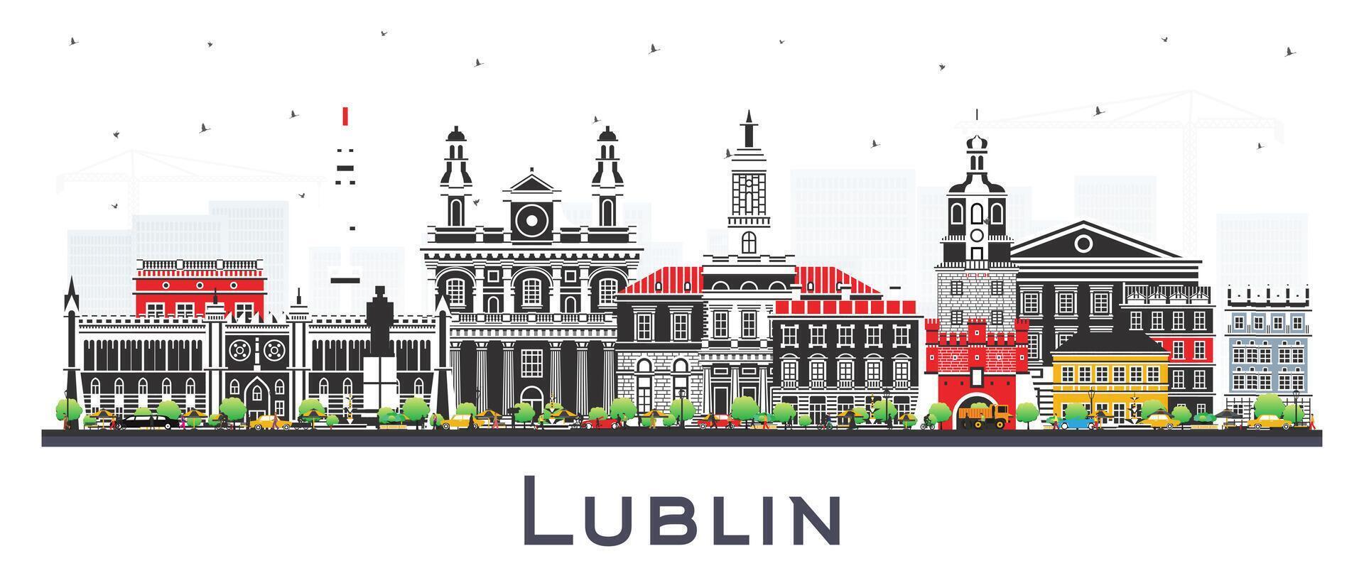 Lublin Poland city skyline with color buildings isolated on white. Lublin cityscape with landmarks. Business travel and tourism concept with modern and historic architecture. vector