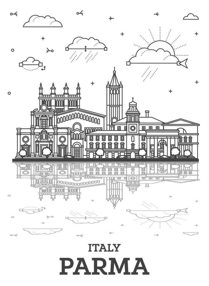 contorno parma Italia ciudad horizonte con histórico edificios y reflexiones aislado en blanco. parma paisaje urbano con puntos de referencia vector