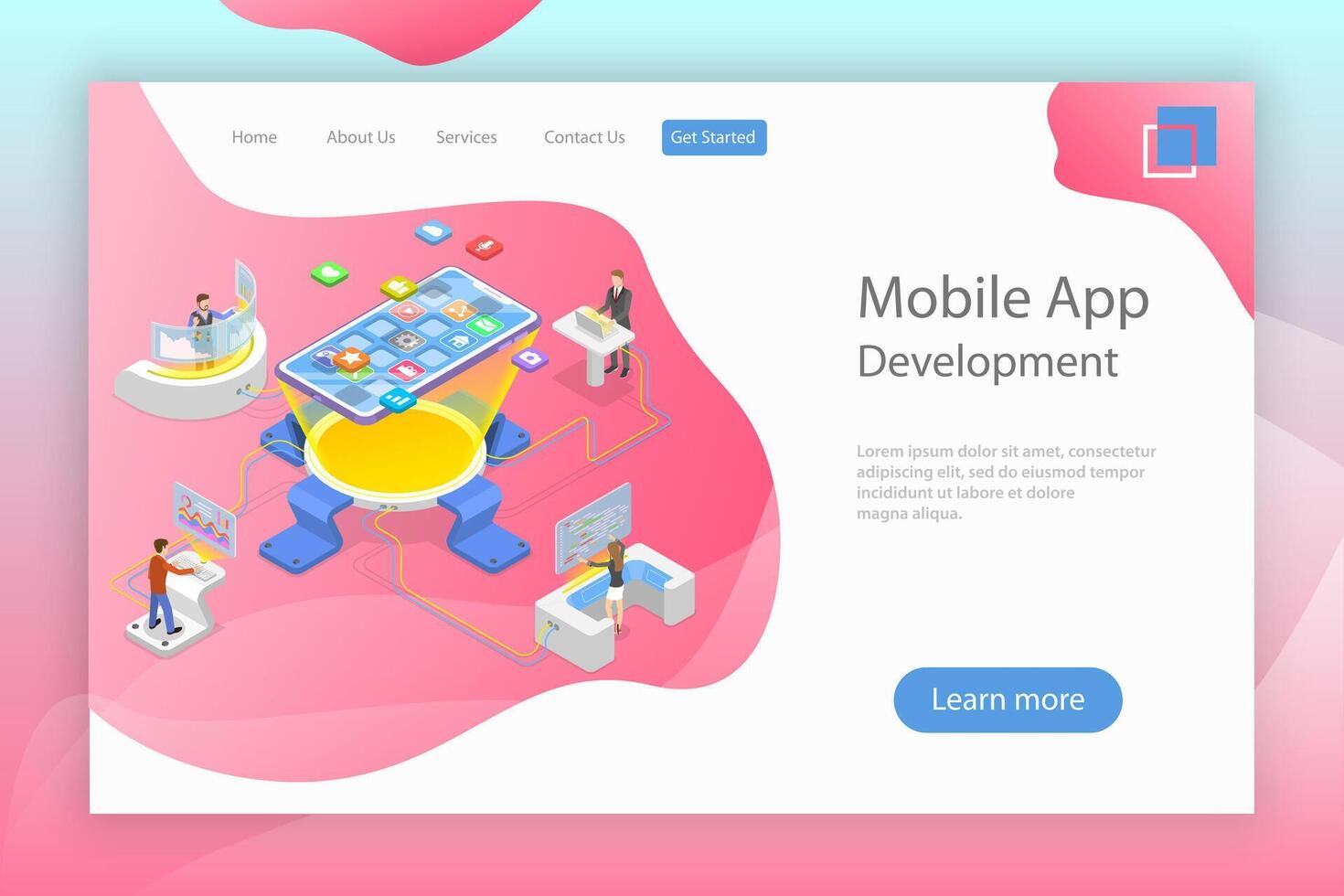 Flat isometric landing page template of mobile app development. vector