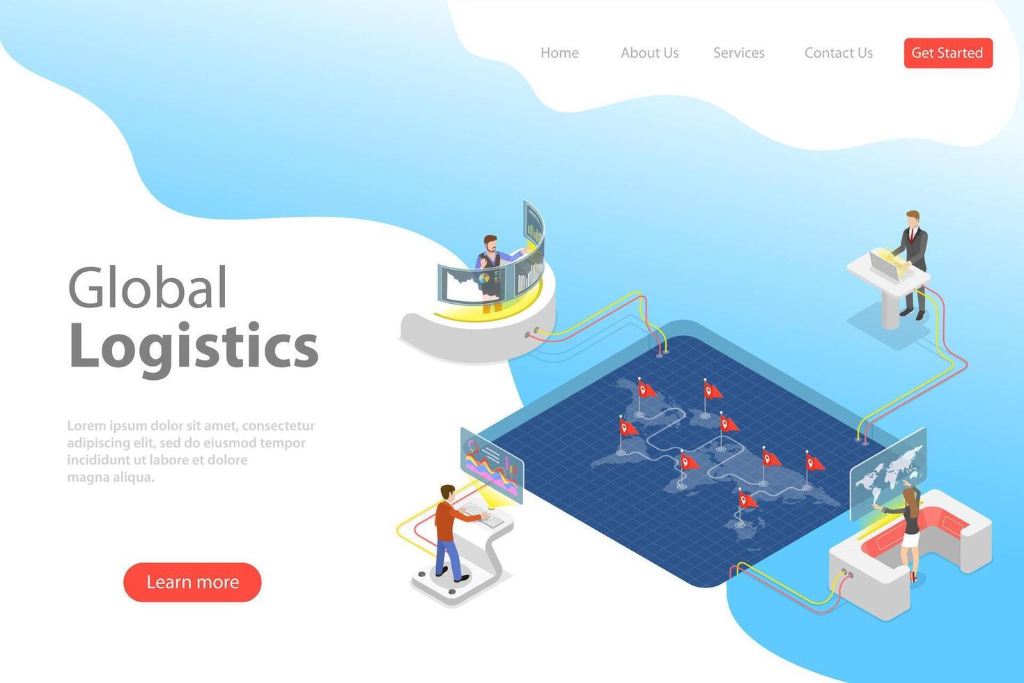 Flat isometric landing page template of global logistics. vector