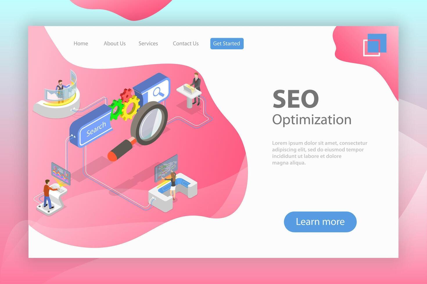Flat isometric landing page template of search engine ranking. vector