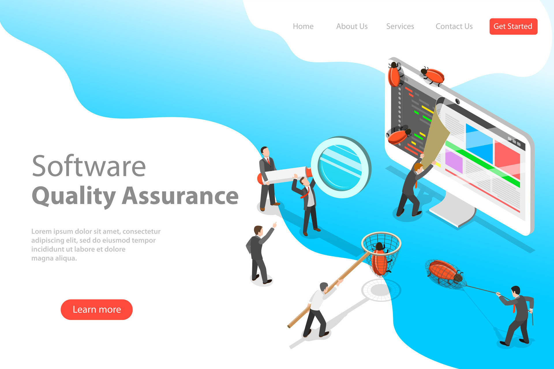 Isometric flat landing page template of software quality assurance ...