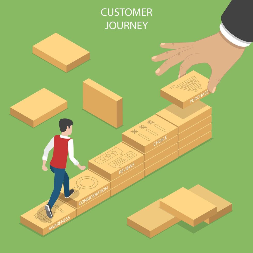 Isometric flat concept of serching customer buying process. vector