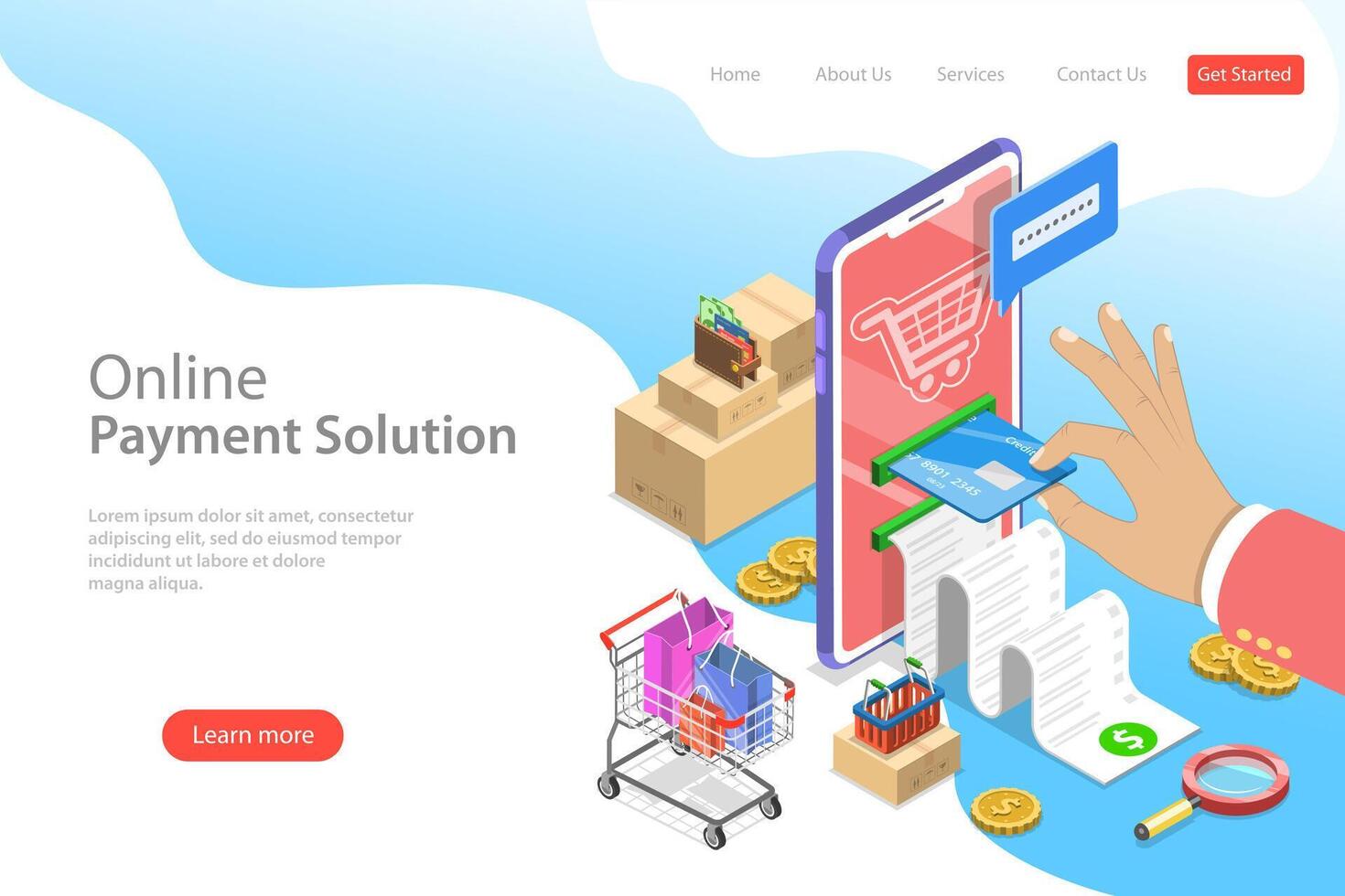 Isometric flat landing page template of pay online. vector