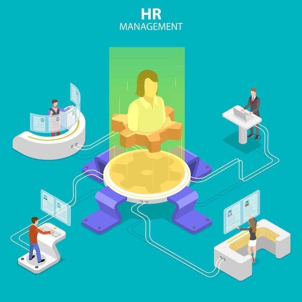 Isometric flat concept of headhunting, recruitment, HR manager review. vector