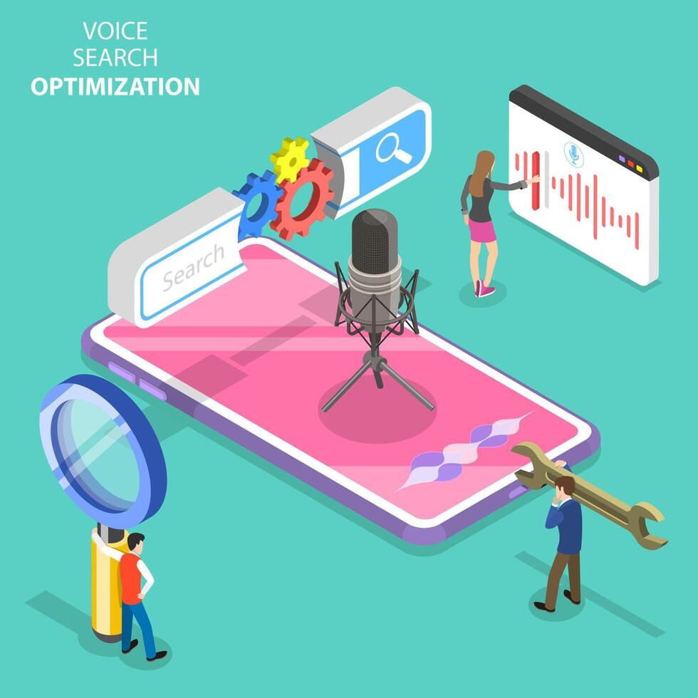 Isometric flat concept of voice search optimization, voice commands, SEO. vector