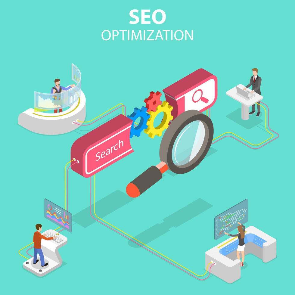 Flat isometric concept of search engine ranking, web analytics. vector