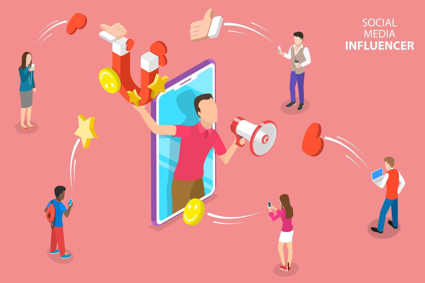 Isometric flat concept of social media influencer, digital marketing. vector