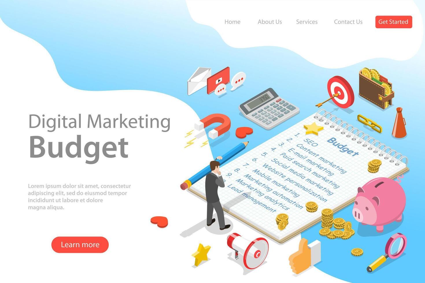 Flat isometric landing page template of digital marketing budget, seo. vector