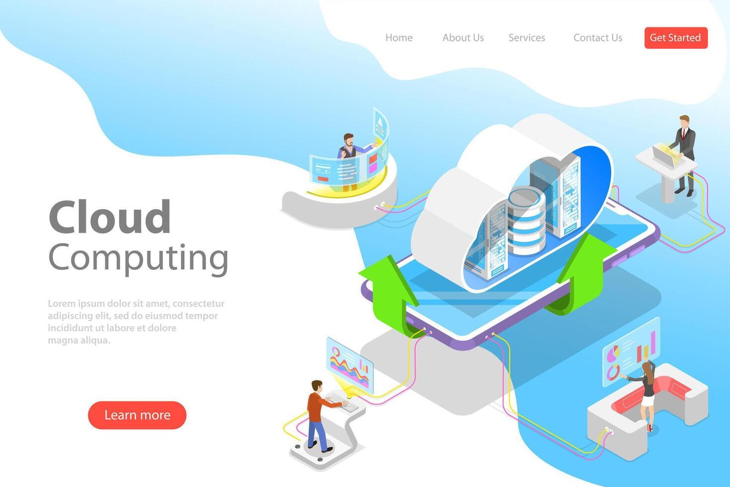 Isometric flat landing page template of cloud computing technology. vector