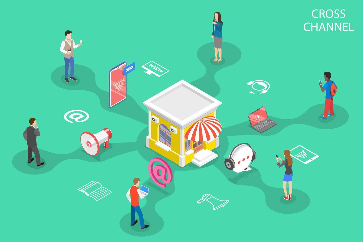 Isometric flat concept of cross channel, omnichannel. vector