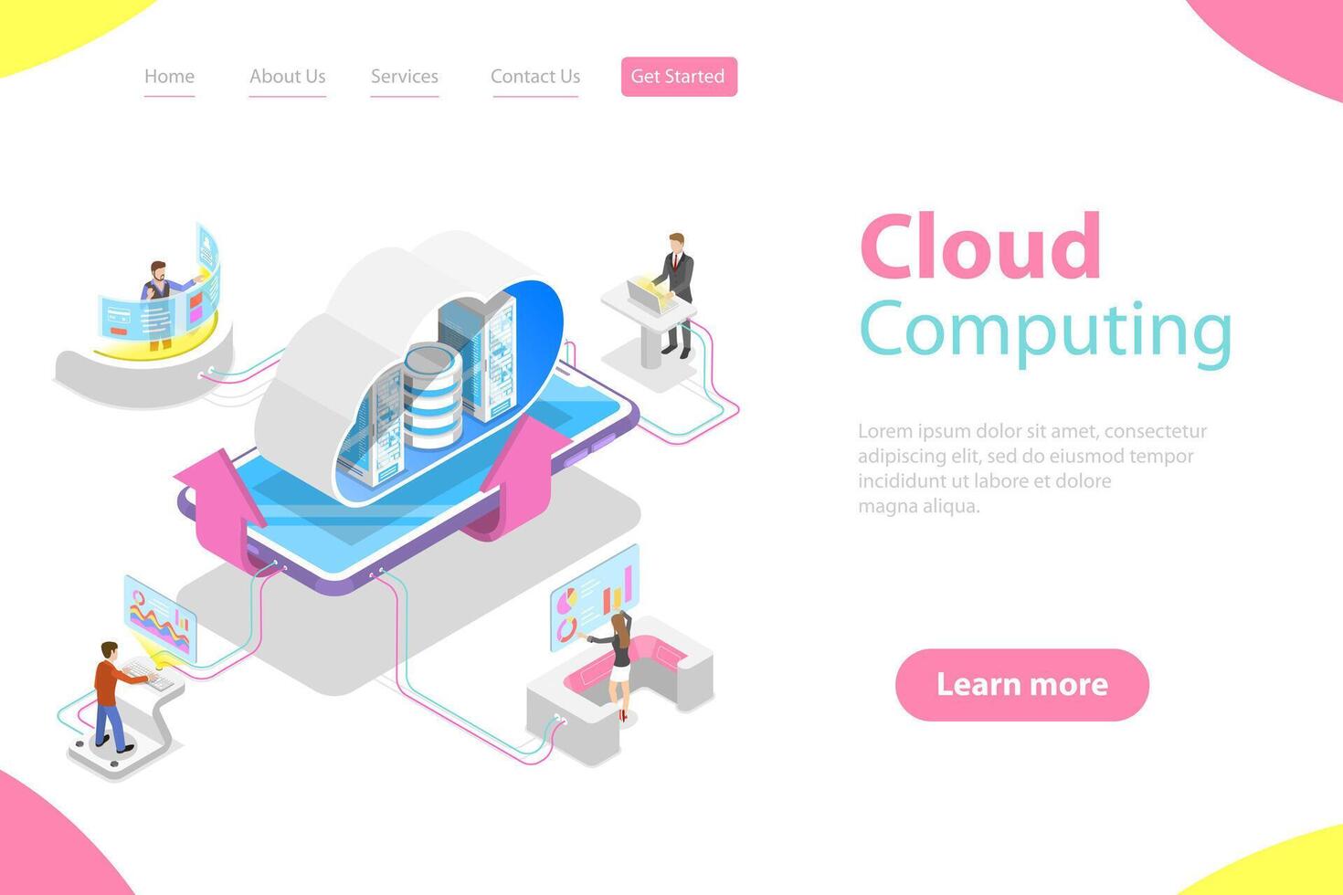 Isometric flat landing page template of cloud computing technology. vector