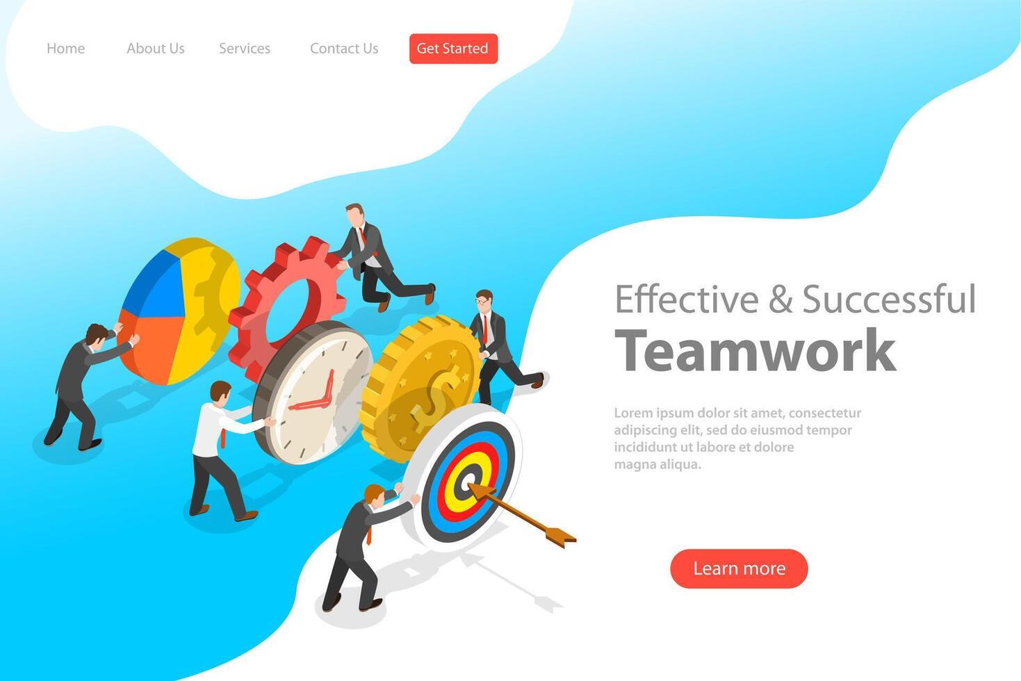 Flat isometric landing pate template of effective teamwork. vector