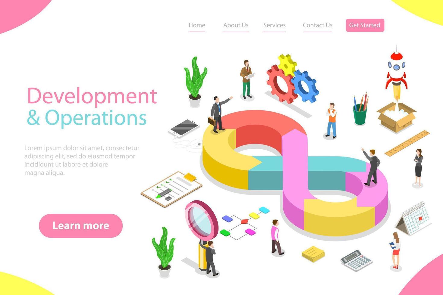 Isometric flat landing page template of DevOps. vector