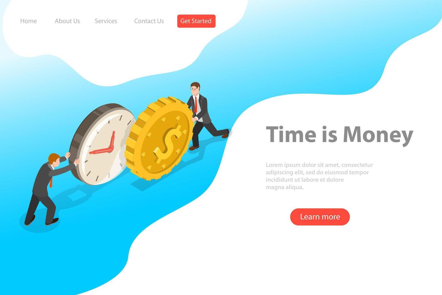 Flat isometric landing page template for time is money, income growth. vector