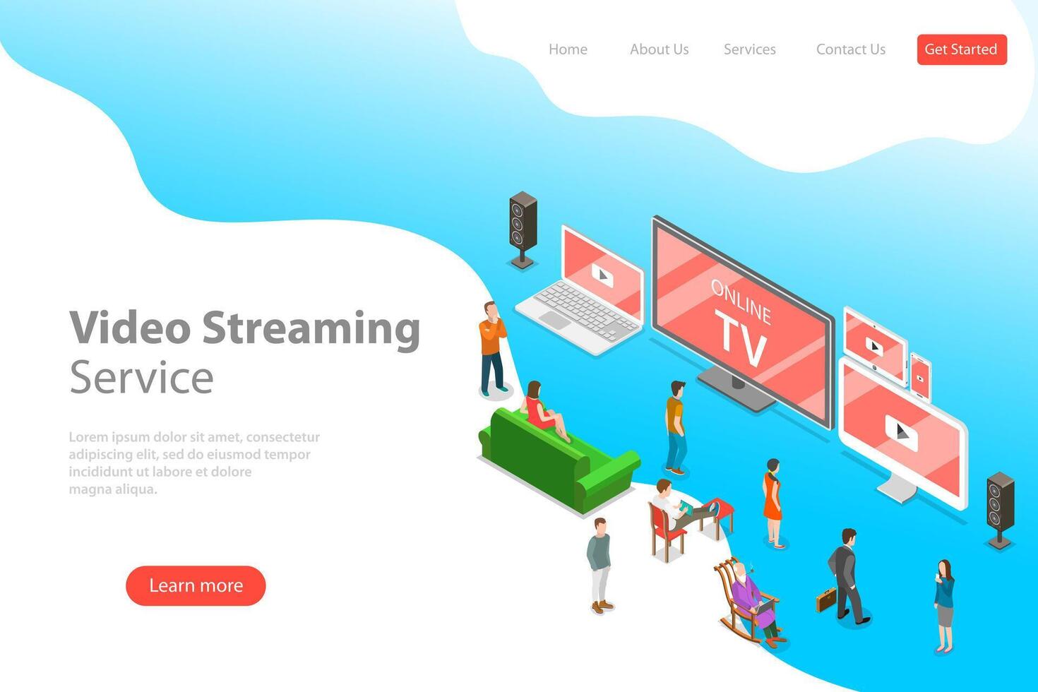 Isometric flat landing page template of smart TV, home entertainment. vector