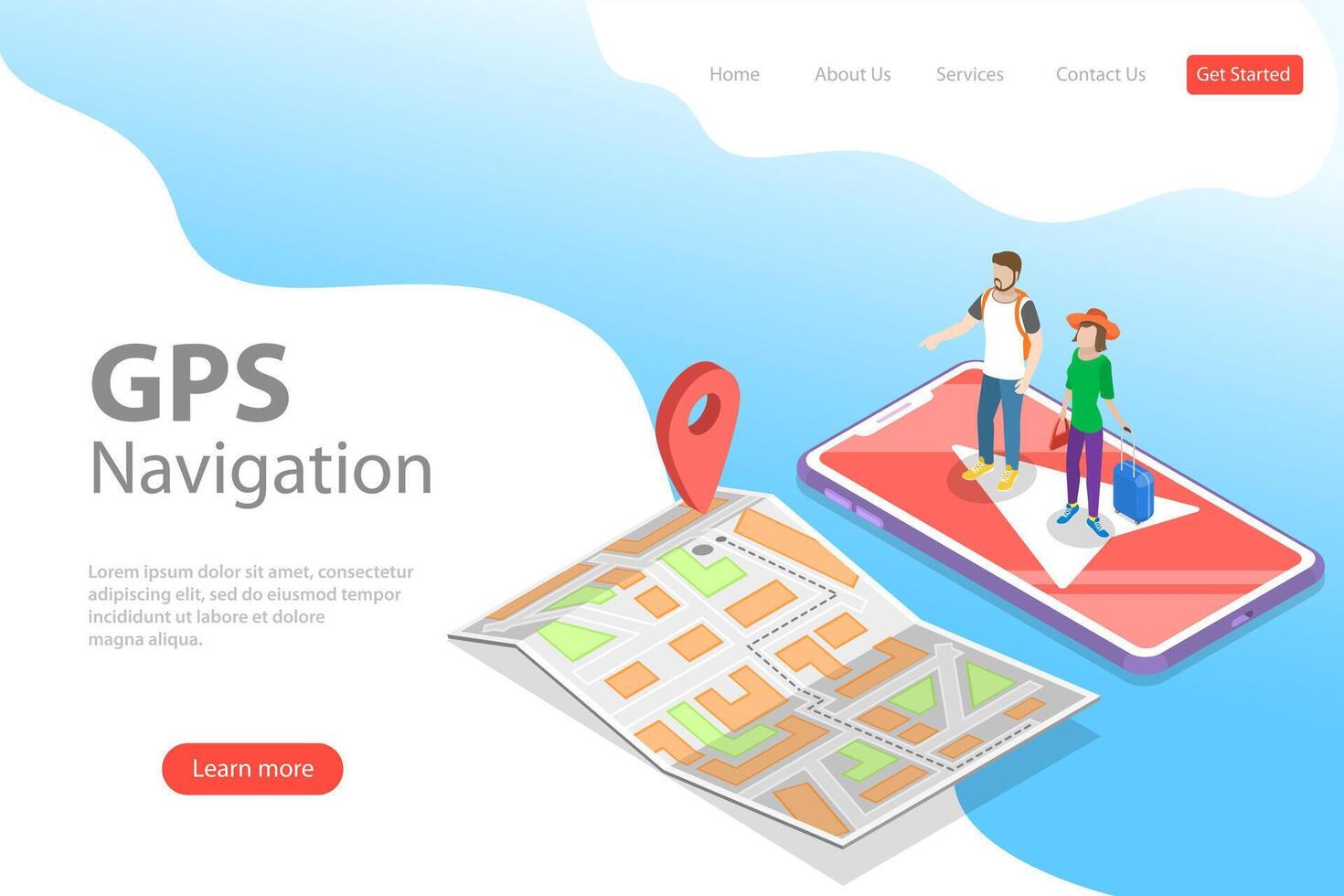 Isometric flat landing page tempate of mobile pgs navigation. vector