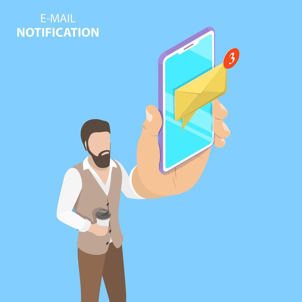 Isometric flat concept of e-mail notification. vector