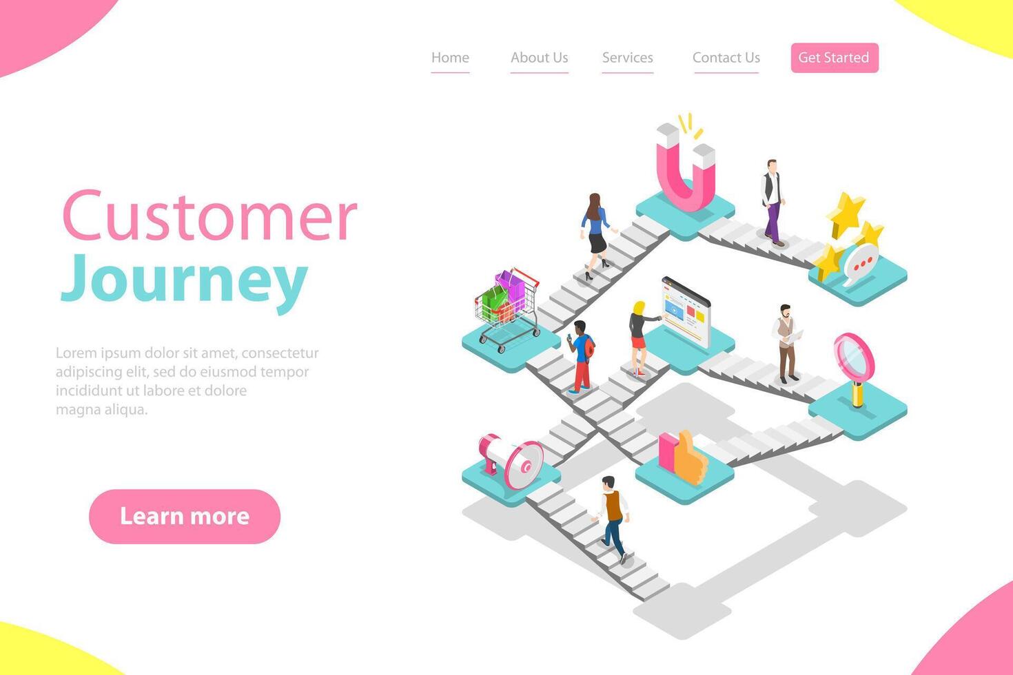 Isometric flat landing page template of customer buying process. vector