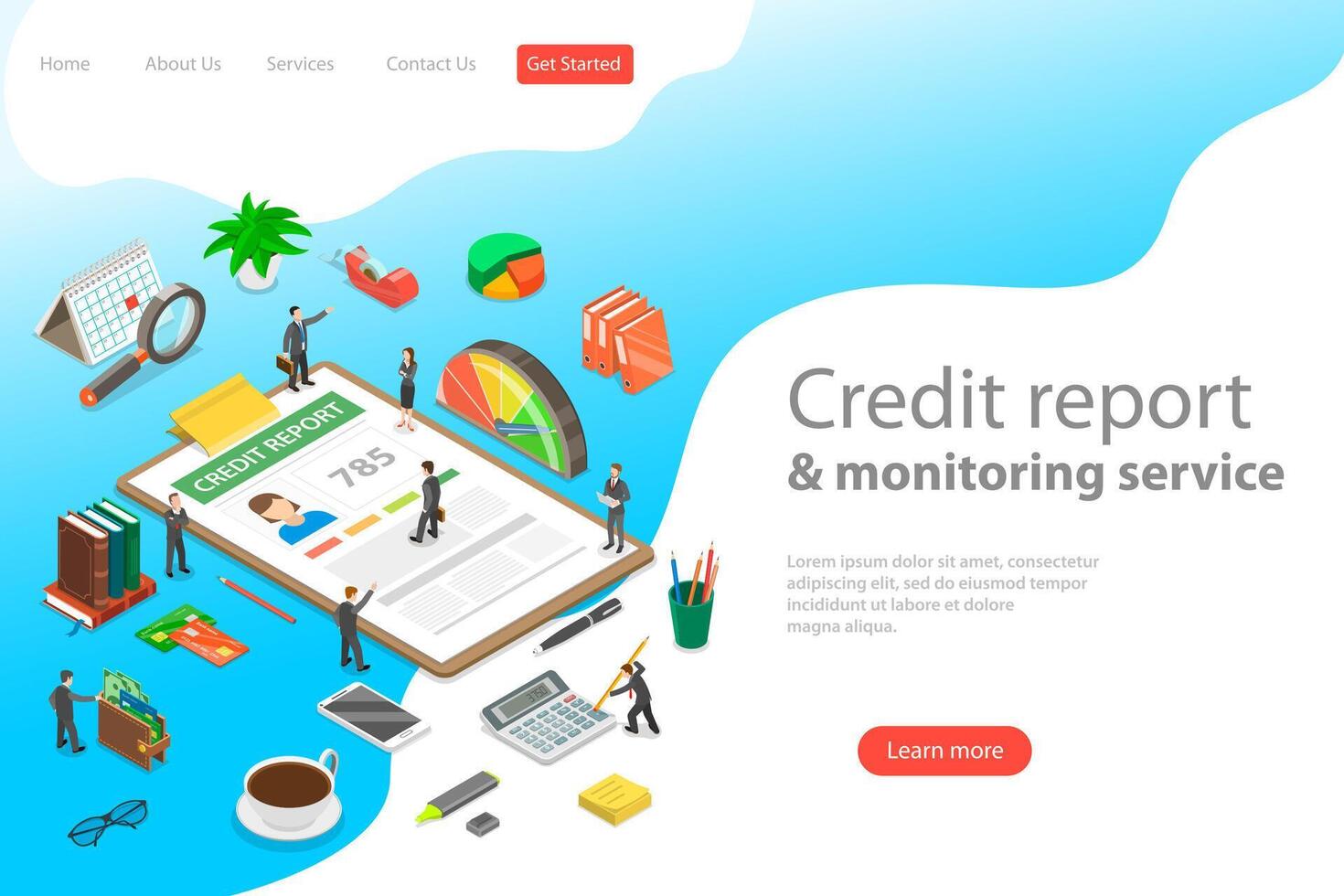 Flat isometric landing page template of credit score information. vector