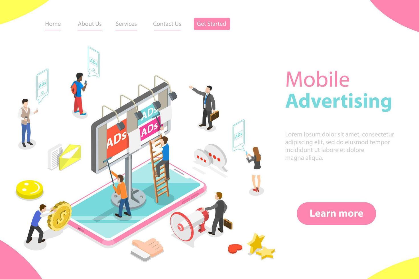 Flat isometric landing page template of mobile advertising. vector