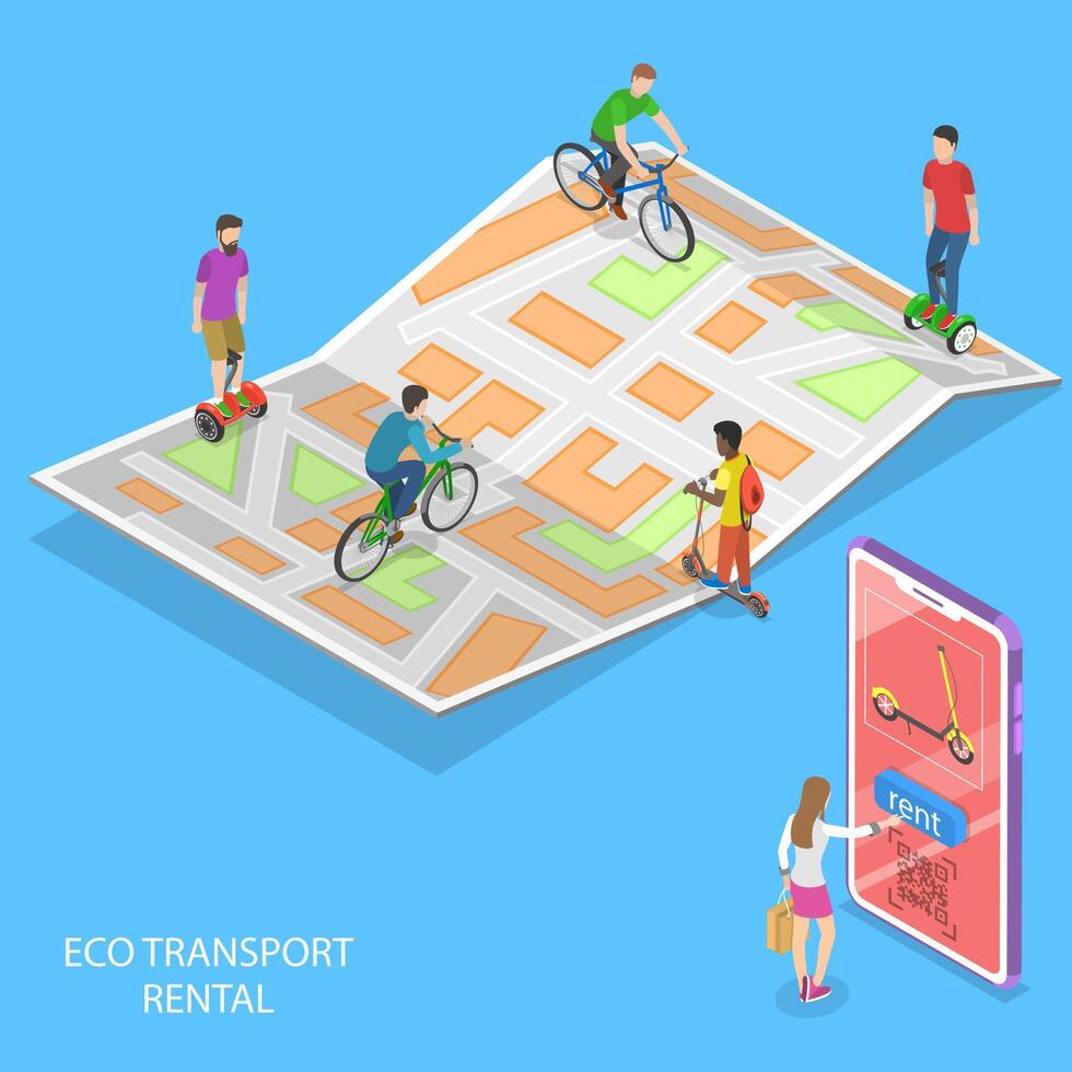 Isometric flat concept of city eco transportation, rent online service. vector