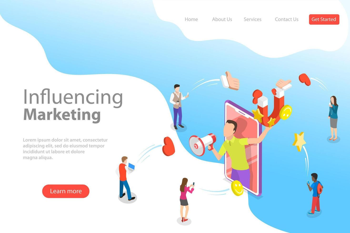 Isometric flat landing page template of social media influencer. vector