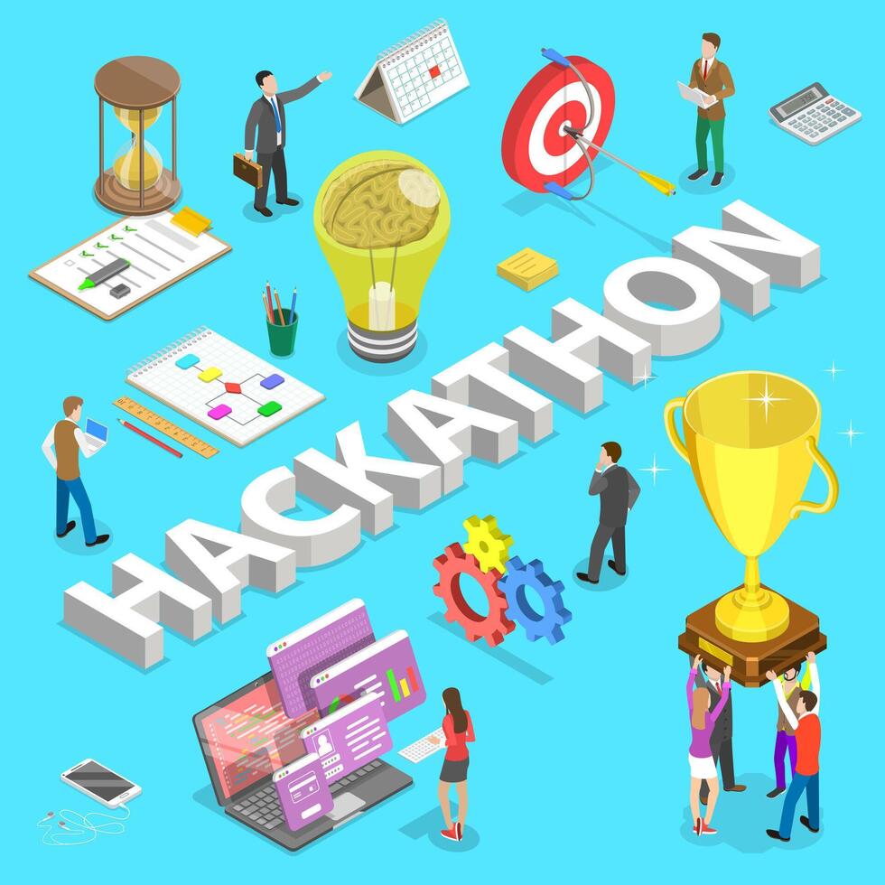 Isometric flat concept of hackathon, hack marathon coding event. vector