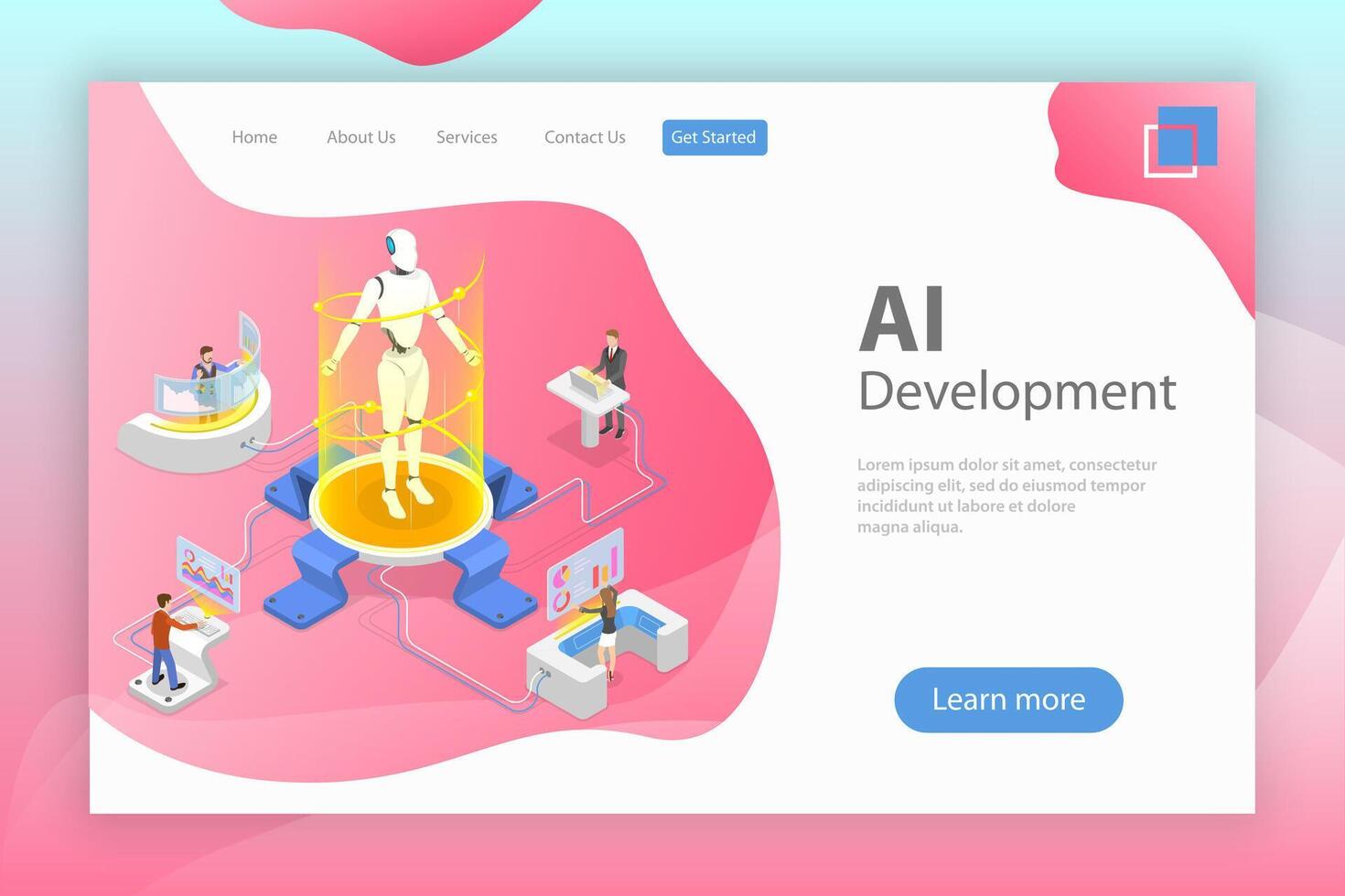 Flat isometric landing page template of AI development. vector