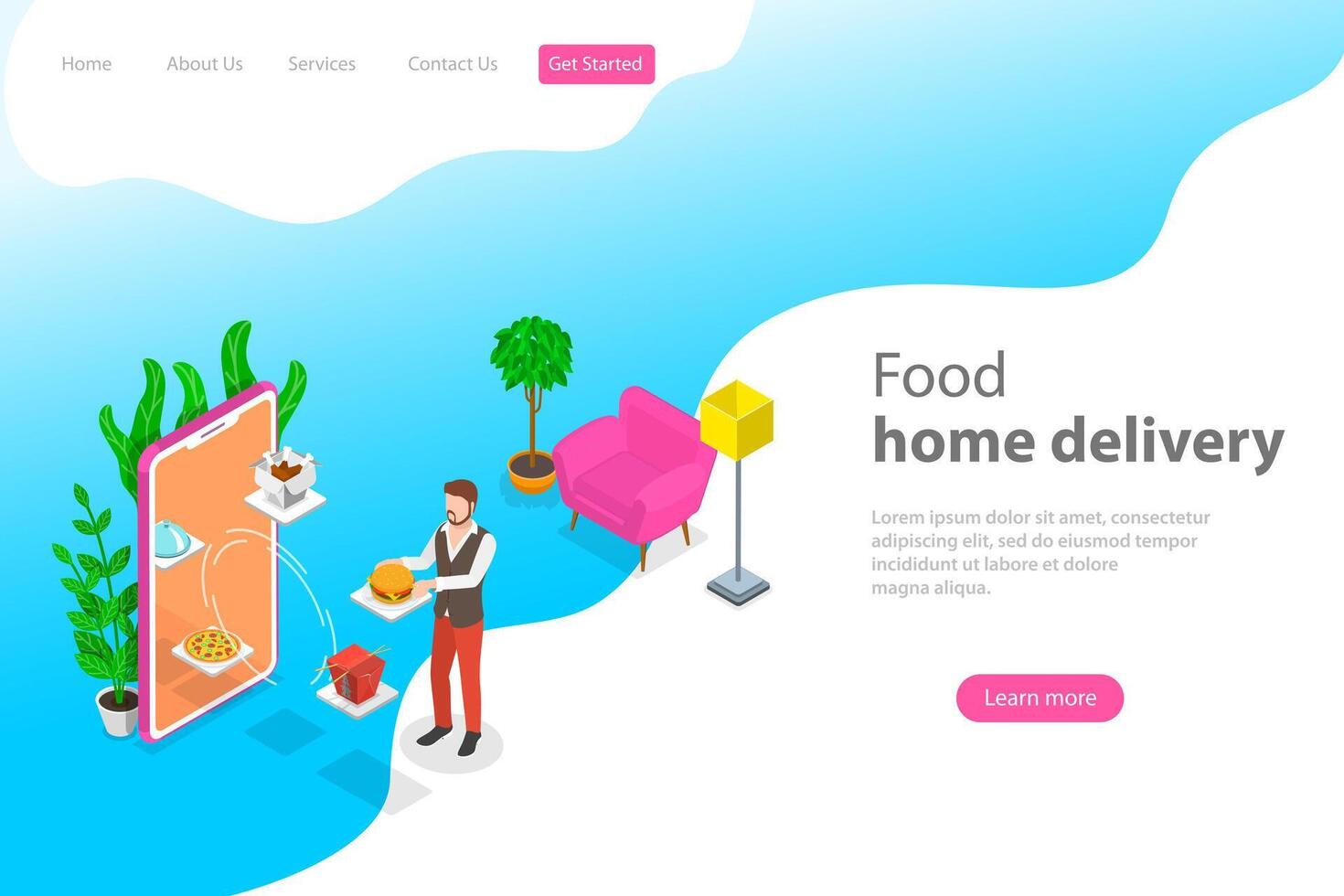 Isometric flat landing page template for food home delivery. vector