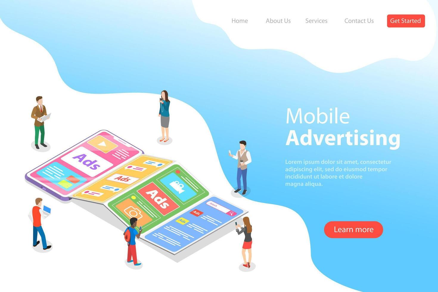 Flat isometric landing page template of mobile advertising. vector