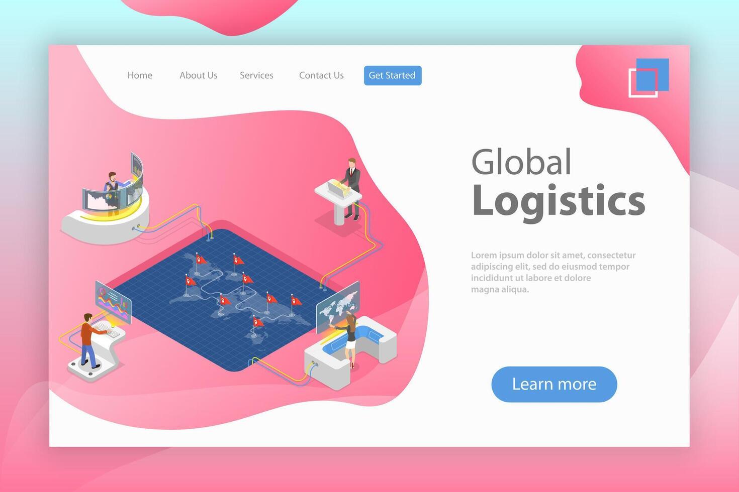 Flat isometric landing page template of global logistics. vector