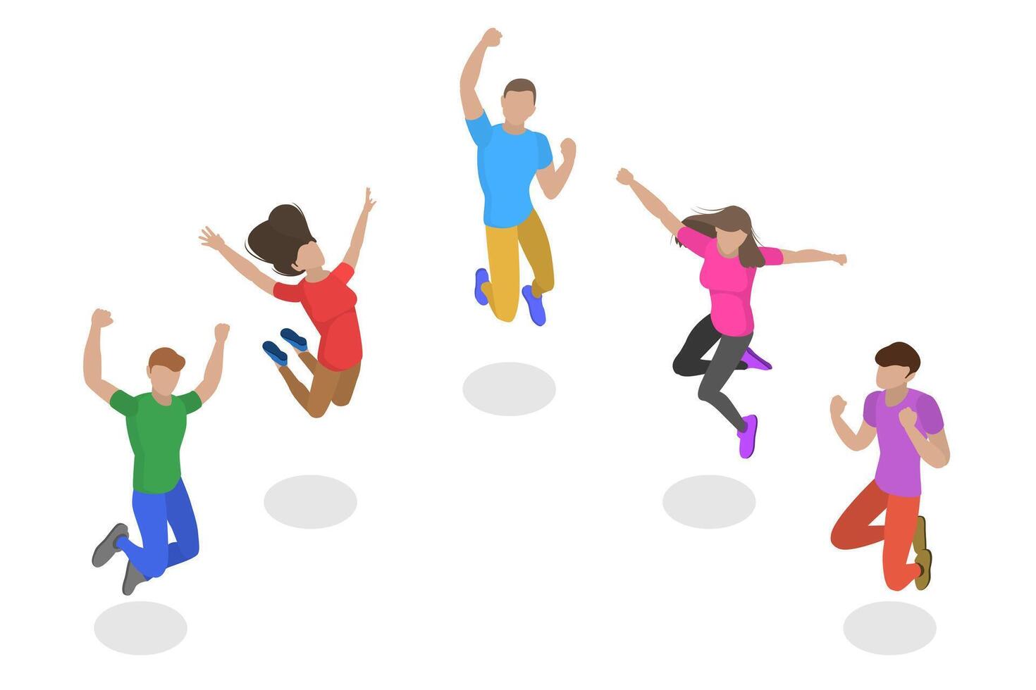 Isometric flat concept of jumping happy people, team success. vector