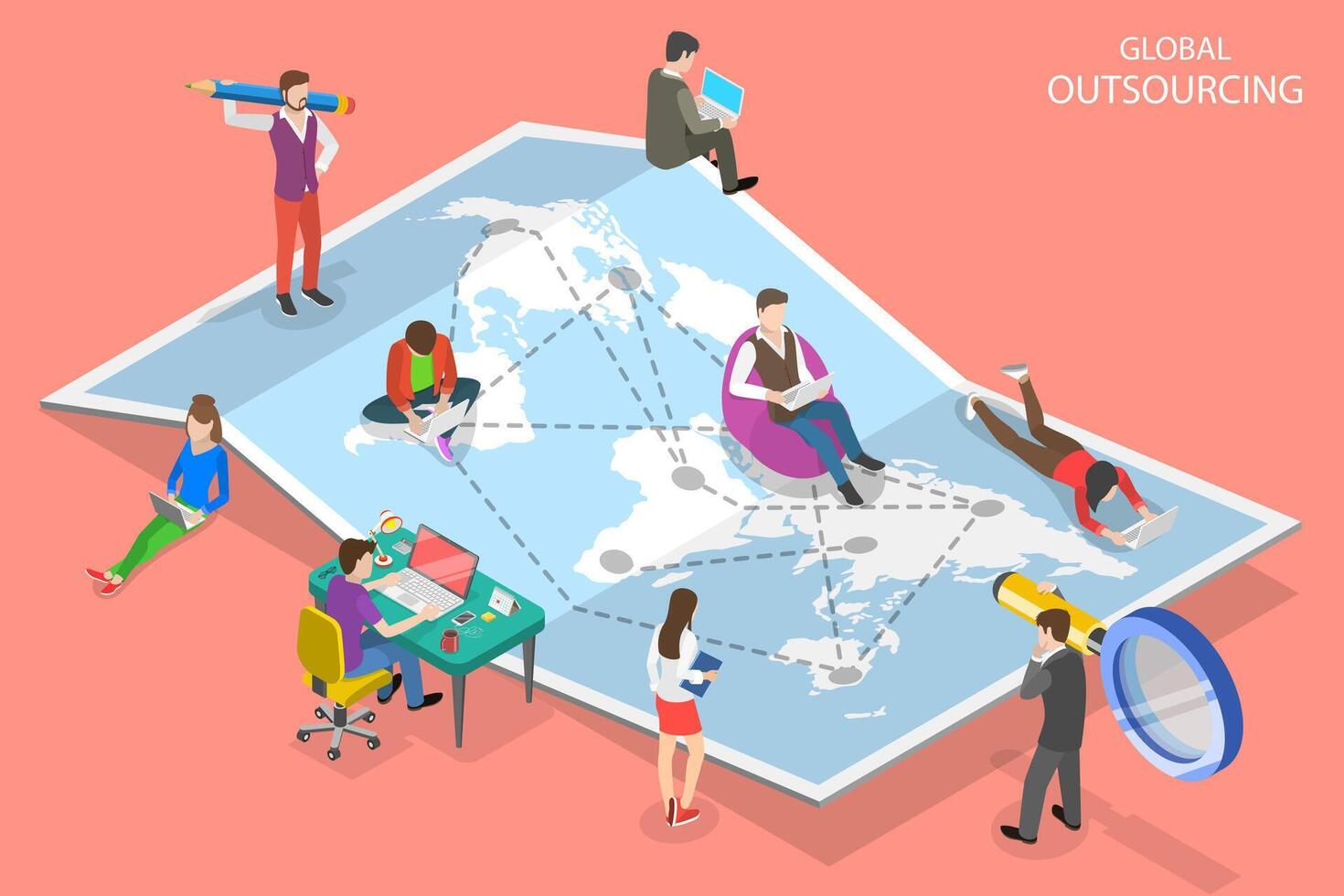 Isometric flat concept of global outsourcing, company remote management. vector