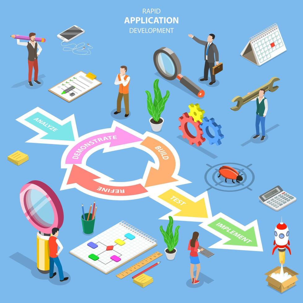 Isometric flat concept of rapid software application develompment model. vector