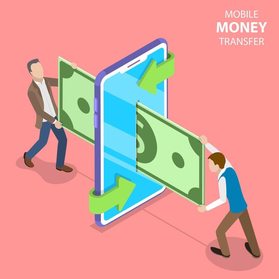 Isometric flat concept of mobile money transer. vector