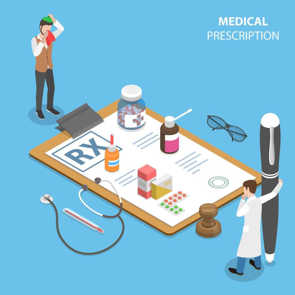 Isometric flat concept of prescription form, medical service. vector