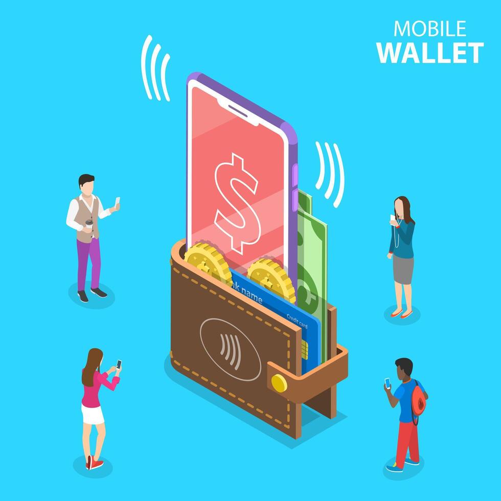 Isometric flat concept of digital mobile wallet, online banking. vector