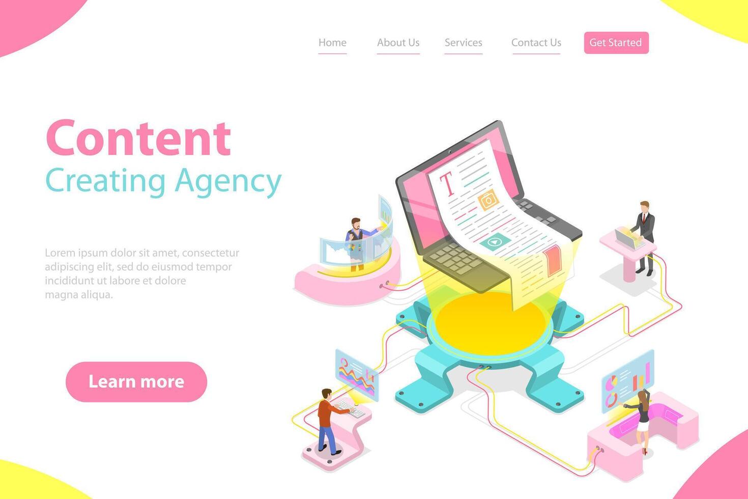 Flat isometric landing pate template of content creating, copywriting. vector