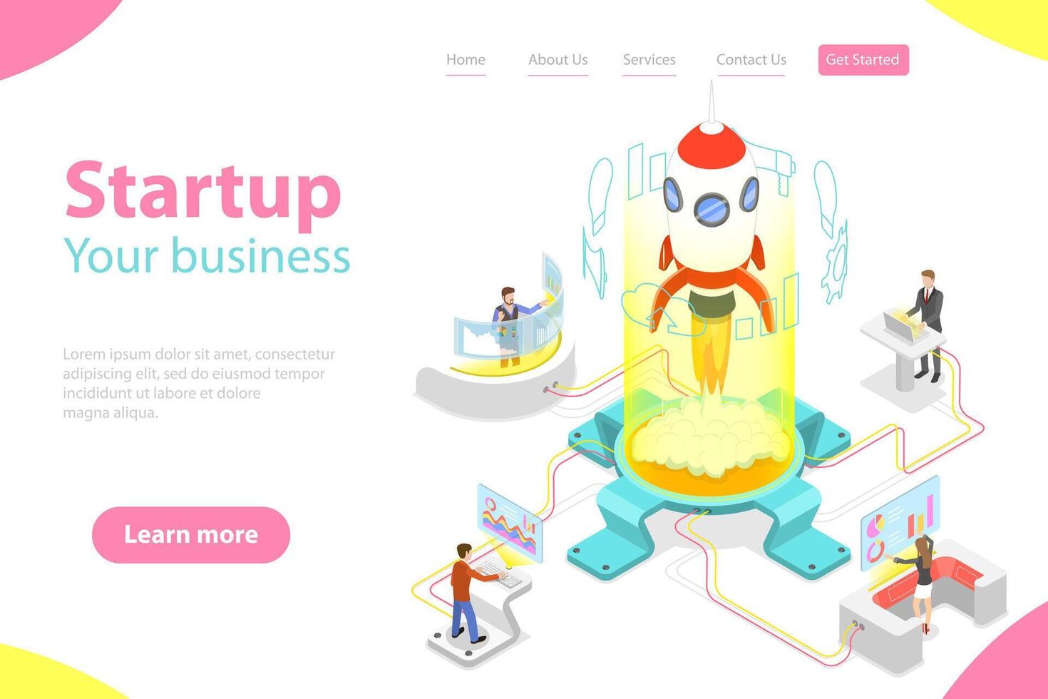 Flat isometric landing page template of new business startup. vector