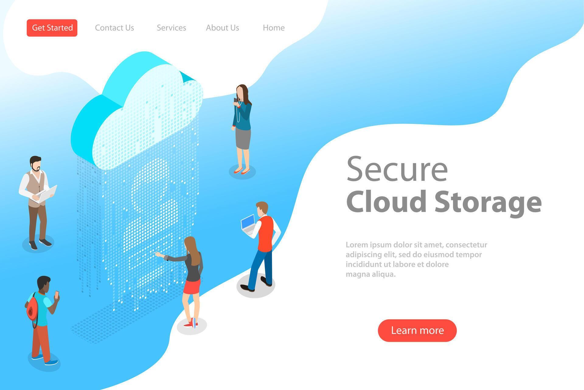 Flat isometric landing page template of secure cloud storage, big data