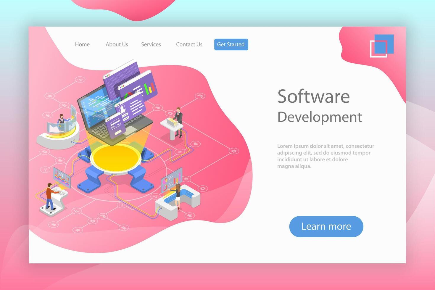 Flat isometric landing page template of software development. vector