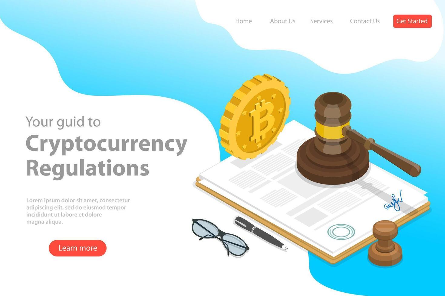 Isometric flat landing page template of regulation of cryptocurrency. vector