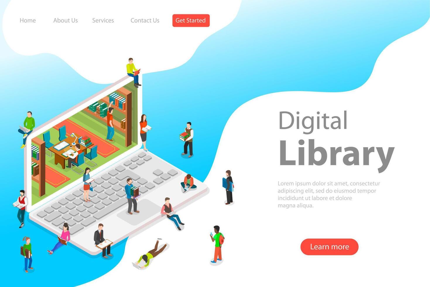 Isometric flat landing page template of online library, education. vector