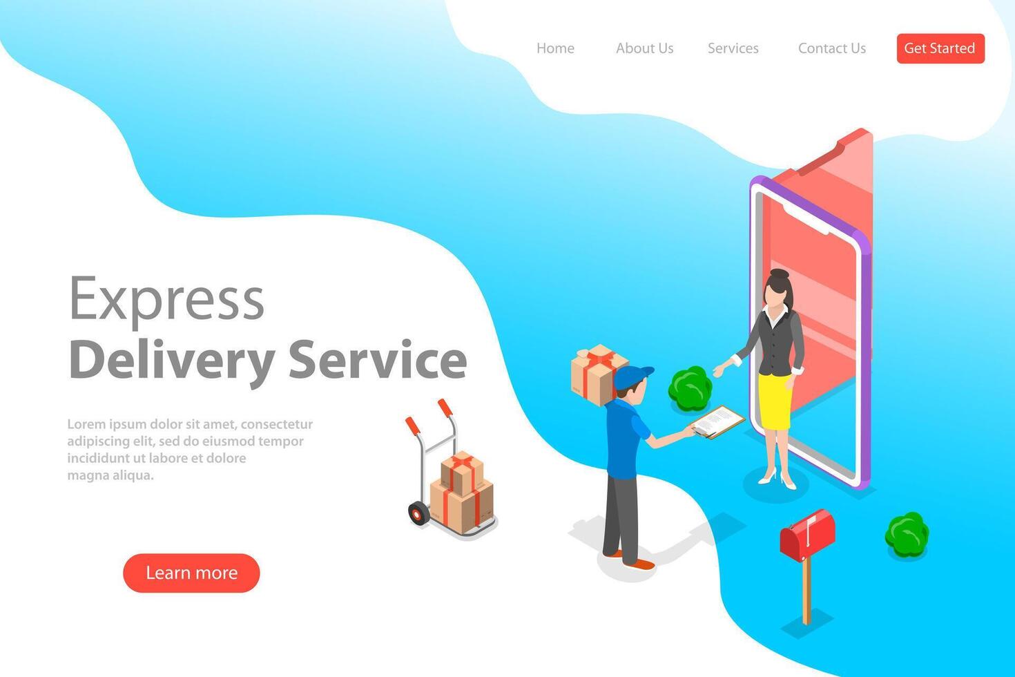 Isometric flat landing page template of fast delivery service. vector