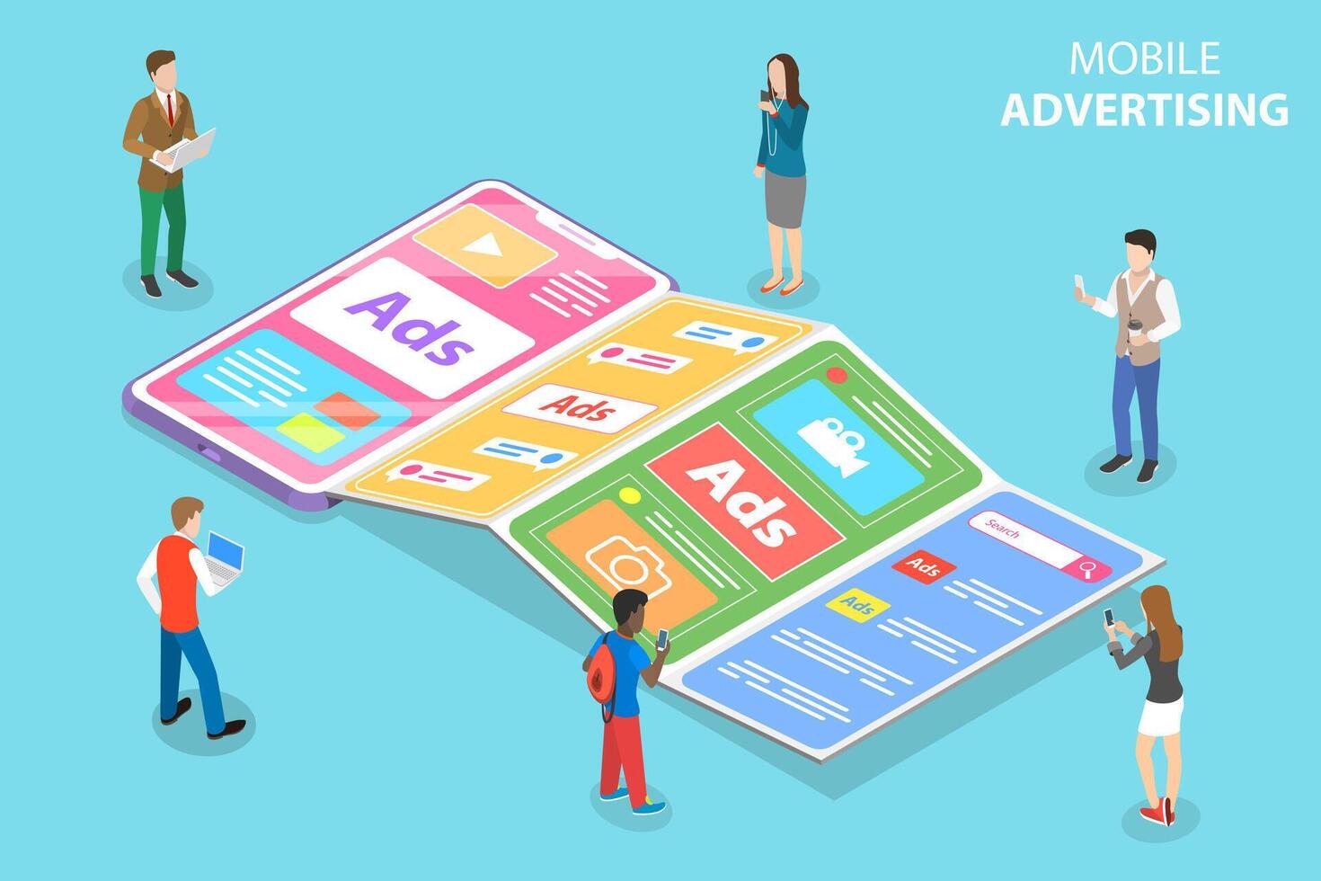 Flat isometric concept of mobile advertising, social media sponsored ads. vector